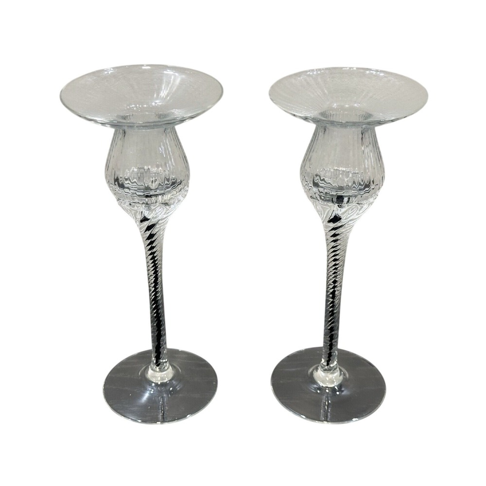 Pair Vintage Handblown Crystalox Belfor Bohemia Candlesticks Black Ribbon Stem